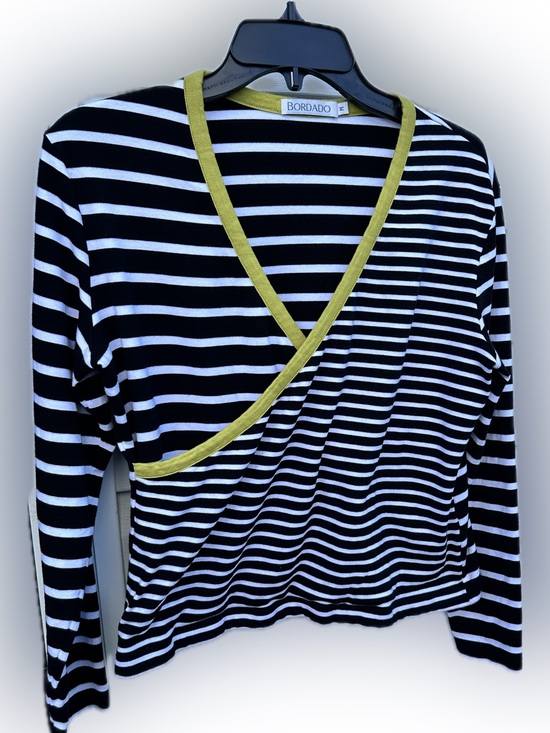 Tops - Women's Black & White Stripe Top with Olive Trim